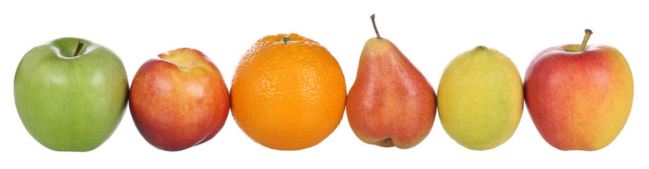 Früchte wie Äpfel, Orange, Birne, Pfirsich und Zitrone isolier