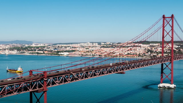 Traffic on the 25 de Abril Bridge in Lisbon, Portugal. Timelapse