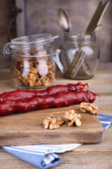 Tasty oriental sweets (churchkhela) and fresh nuts,