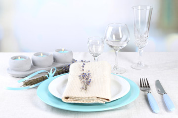 Dining table setting with lavender flowers