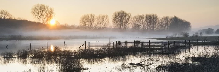 Photo sur Plexiglas Printemps Paysage panoramique du lac dans la brume avec la lueur du soleil au lever du soleil