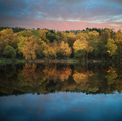Beautiful vibrant Autumn woodland reflecions in calm lake waters