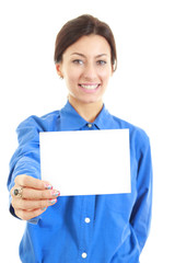 Fototapeta premium pretty casual woman holding her large blank visiting card