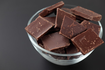 Pieces of chocolate in a glass bowl