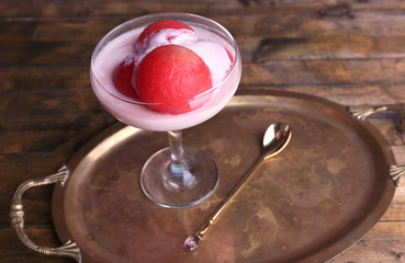 Watermelon with yogurt in goblet