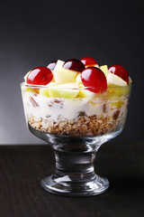 Healthy breakfast - yogurt with  fresh grape and apple slices