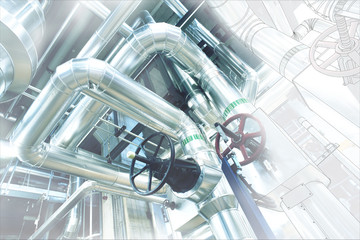 Sketch of piping design mixed with industrial equipment photo