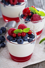 Yogurt dessert with jelly and fresh berries