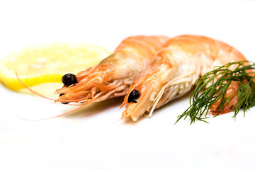 Zwei Garnelen weißer Hintergrund mit Zitronen