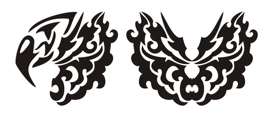 Decorative eagle head and butterfly in tribal style