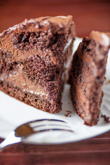fettine di torta al cioccolato farcita e ricoperta su un piatto