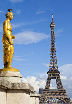 Golden Statue at the Trocadero and Eiffel Tower