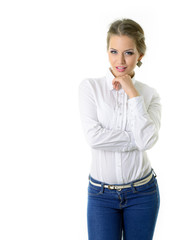 Attrctive fashion girl in blue jeans and white shirt with beauti