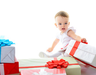 Holidays, baby girl with presents, christmas, birthday, new year