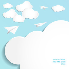 Paper plane, clouds, vector background