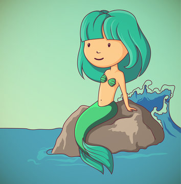 Little mermaid sitting on the rock