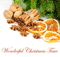 cinnamon sticks star anise and pine brunch. christmas decoration