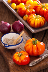 Erntefrische Tomaten mit Zwiebeln und Salz