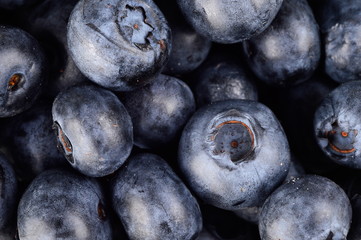 Macro closeup view group fresh blueberries background