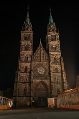 Gothic facade of St Lawrence Church at night in Nuremberg