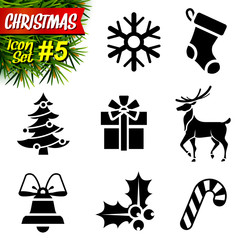 Set of black-and-white christmas icons. New year symbols