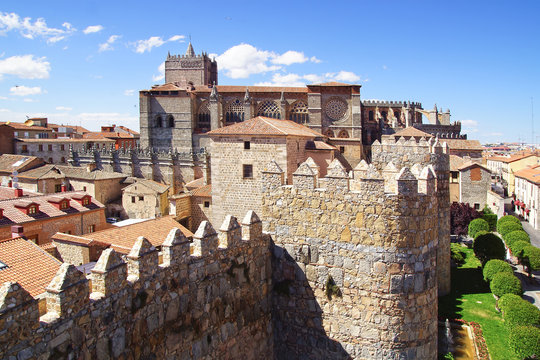 Avila Cathedral from old Fortress Wall, Spain