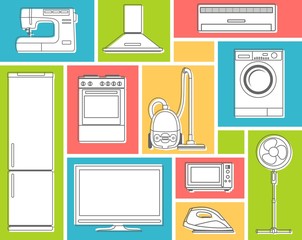 Home appliances in flat contour style on color background