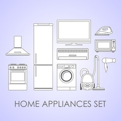Home appliances in flat contour style on light background