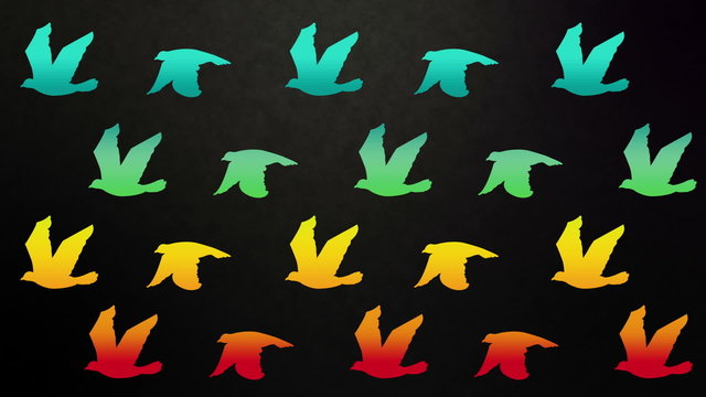 Colourful birds flying on grunge background.