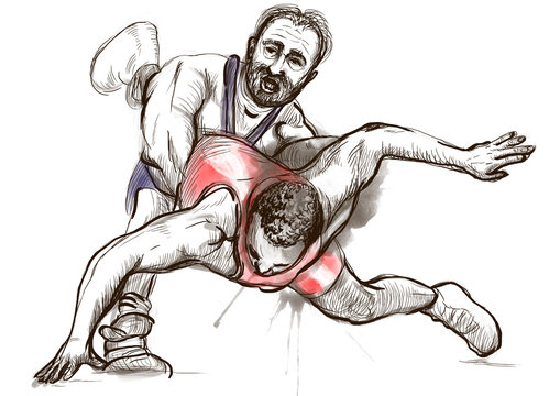 Greco-Roman Wrestling. An full sized hand drawn illustration