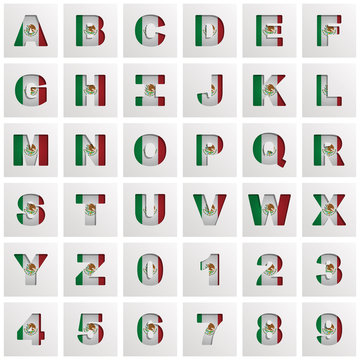 vector mexico flag alphabet numbers letters square clipart icons isolated on white
