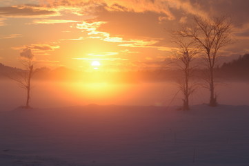 misty romantic winter sunset