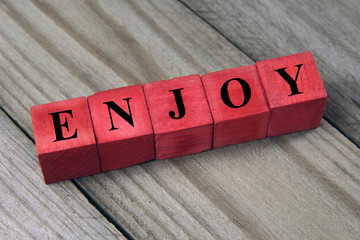 concept of enjoy, word on red wooden blocks