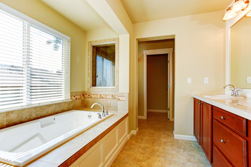 Fototapeta na wymiar Bathroom in soft ivory with bright cabinet