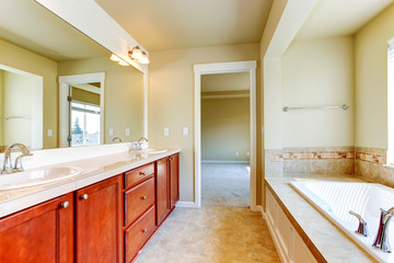 Bathroom in soft ivory with bright cabinet