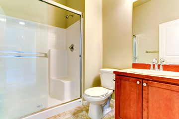 Simple bathroom interior with vanity cabinet and glass door show