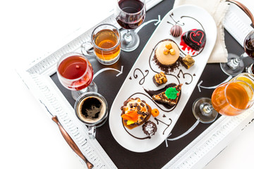 Tasting of wine and pattie chocolate pastries at the chocolate.