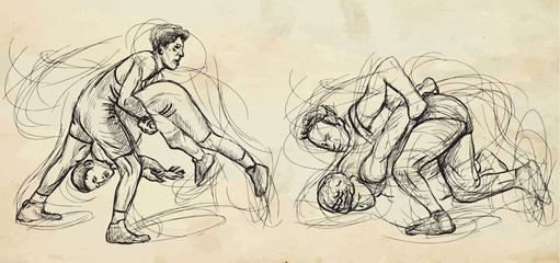 Fototapeta na wymiar Greco-Roman Wrestling. An hand drawn vector illustration.