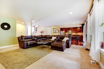 House interior. Living room with cozy leather couch