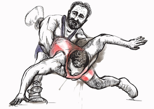 Greco-Roman Wrestling. An hand drawn vector illustration.