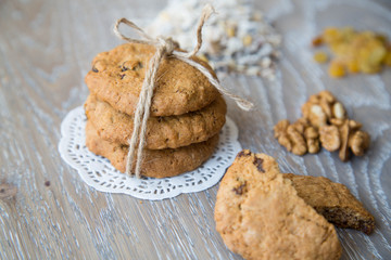 Three oat biscuits with raisins and walnuts