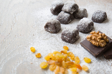 Chocolate biscuits with raisins and wallnuts