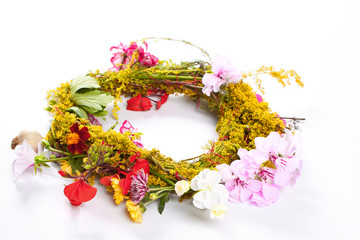 wreath of beautiful summer flowers, isolated on white background