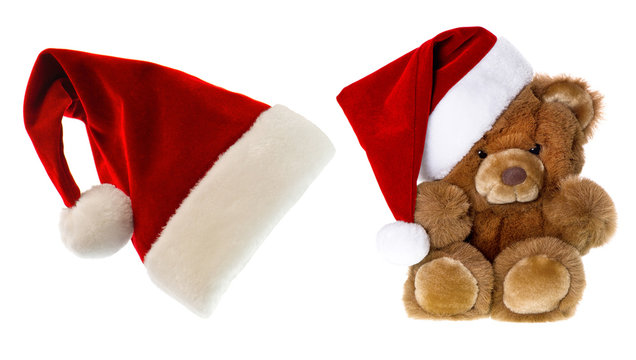 teddy bear with santa hat. christmas decorations