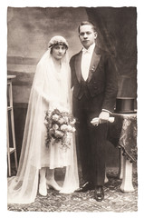 antique wedding photo. portrait of just married couple