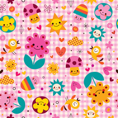 cute cartoon mushrooms, flowers, hearts & birds nature pattern