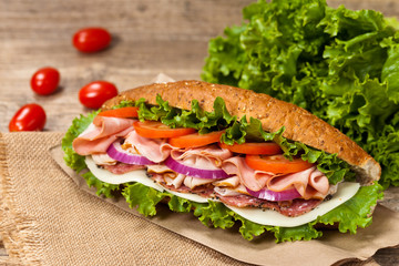 Ham and salad submarine sandwich