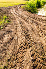 Traces of wheeled vehicles used in agriculture on a dirt road.