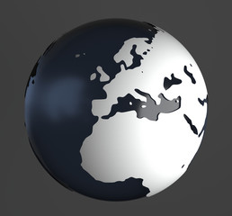 3D-Rendering of globe on gray background. The material is rough glass with matte white land and europe is in the center