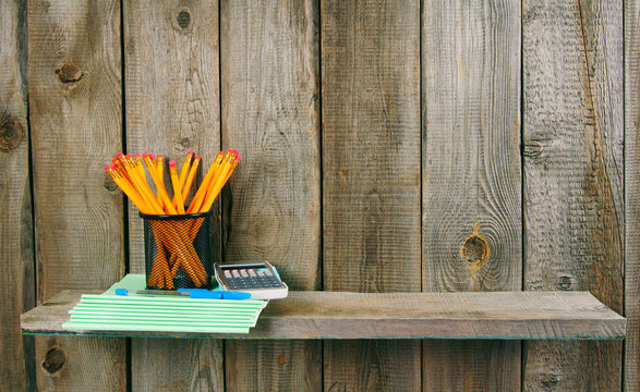 School accessories. On wooden background.